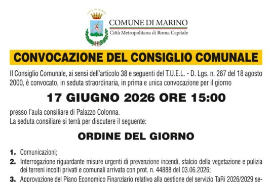 Marino, convocato il Consiglio Comunale in seduta straordinaria il 17 giugno marino consiglio comunale