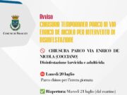 Frascati, disinfestazione al parco di Via Enrico De Nicola: chiuso per l’intera giornata di oggi frascati disinfestazione