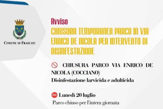 Frascati, disinfestazione al parco di Via Enrico De Nicola: chiuso per l’intera giornata di oggi frascati disinfestazione