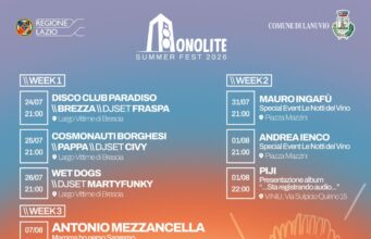 Lanuvio, Monolite Summer Fest 2026: dal 24 luglio, tanti appuntamenti a Lanuvio nei quattro fine settimana di programmazione, per un’estate all’insegna della musica e dello spettacolo lanuvio monolite summer fest 2026